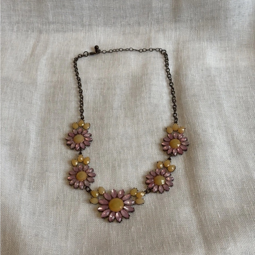 Elegant Bronze Tone Blush Pink and Yellow Rhinestone Flower Burst Necklace Glam
